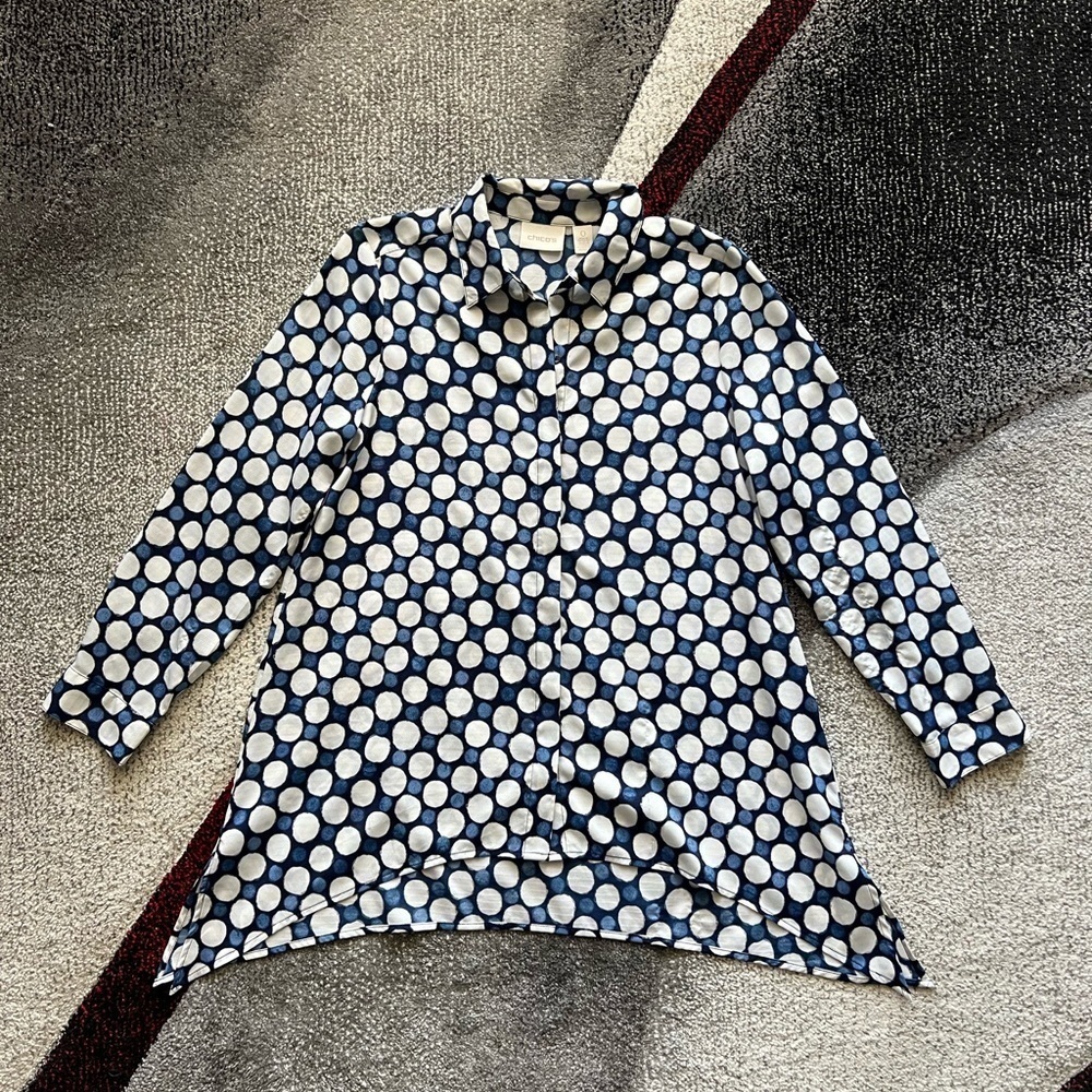 Chico’s Blue Polka Dot Shark Bite Hem Shirt